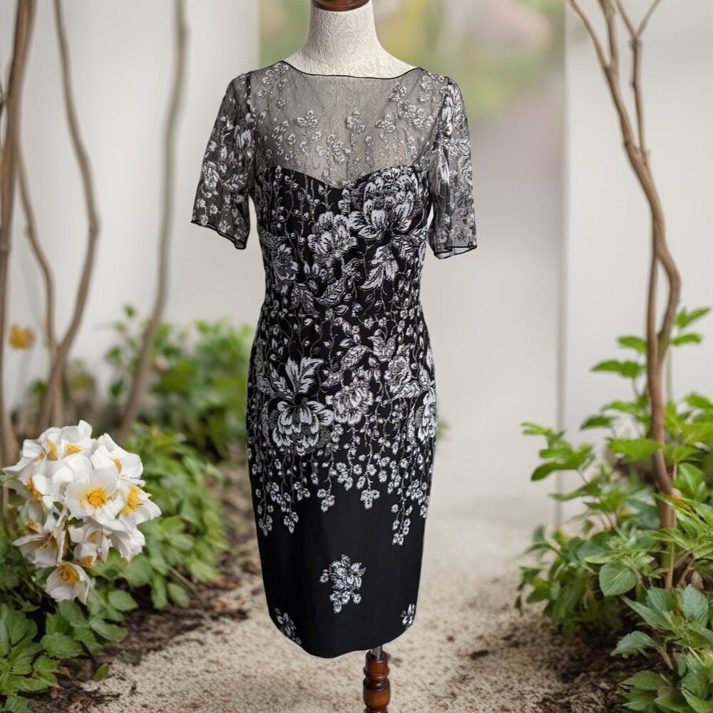 Badgley Mischka floral unconventional lace sheath dress 14 mother of bride LBD